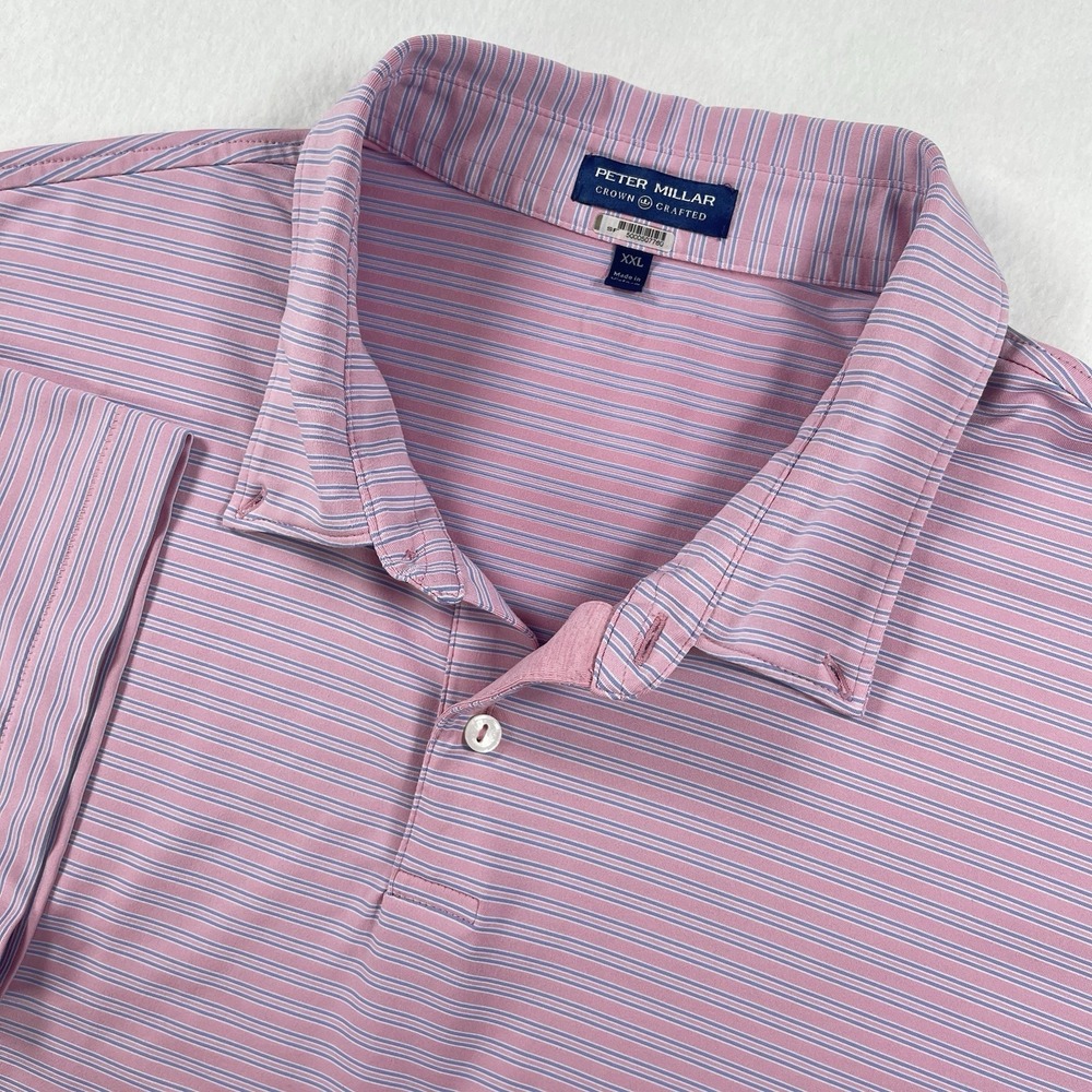 Peter Millar Crown Crafted Polo Shirt Mens XXL Blue Pink Striped Stretch Preppy